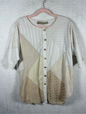 Sacred Threads Neutral Patchwork Button-Front Top